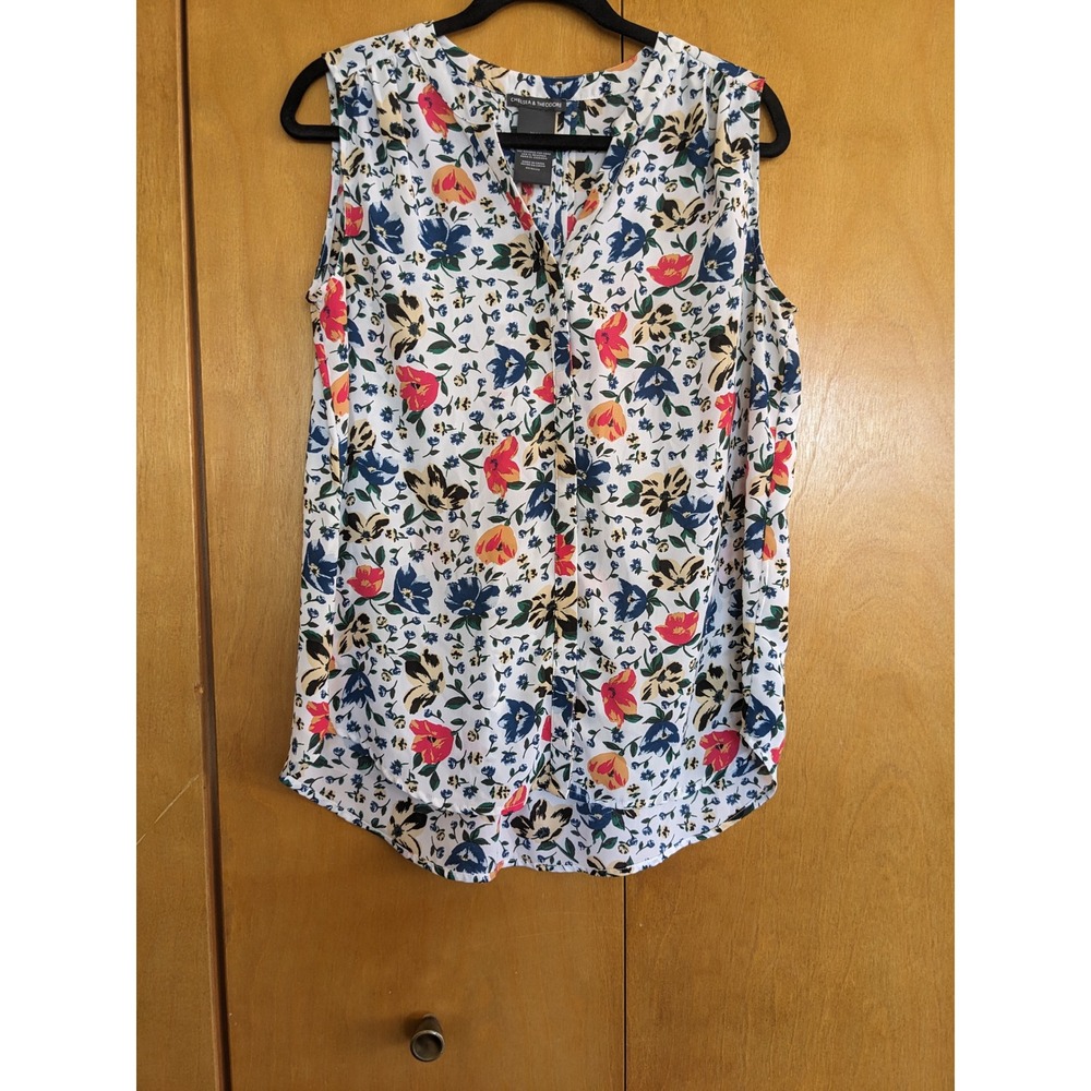 Chelsea&Theodore Womens Medium Floral Sleeveless V-Neck Blouse Bash Floral White